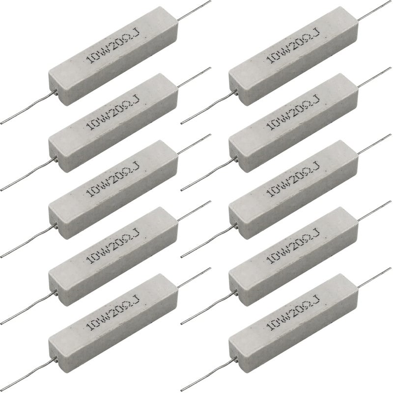 Dimlove 10W 20 5% Cement Resistor, 10 Pack, Axial Lead, White, 50x10x10mm, 15mm Lead, Ceramic, Cement, Metal, Through-Hole Mount - Image 1